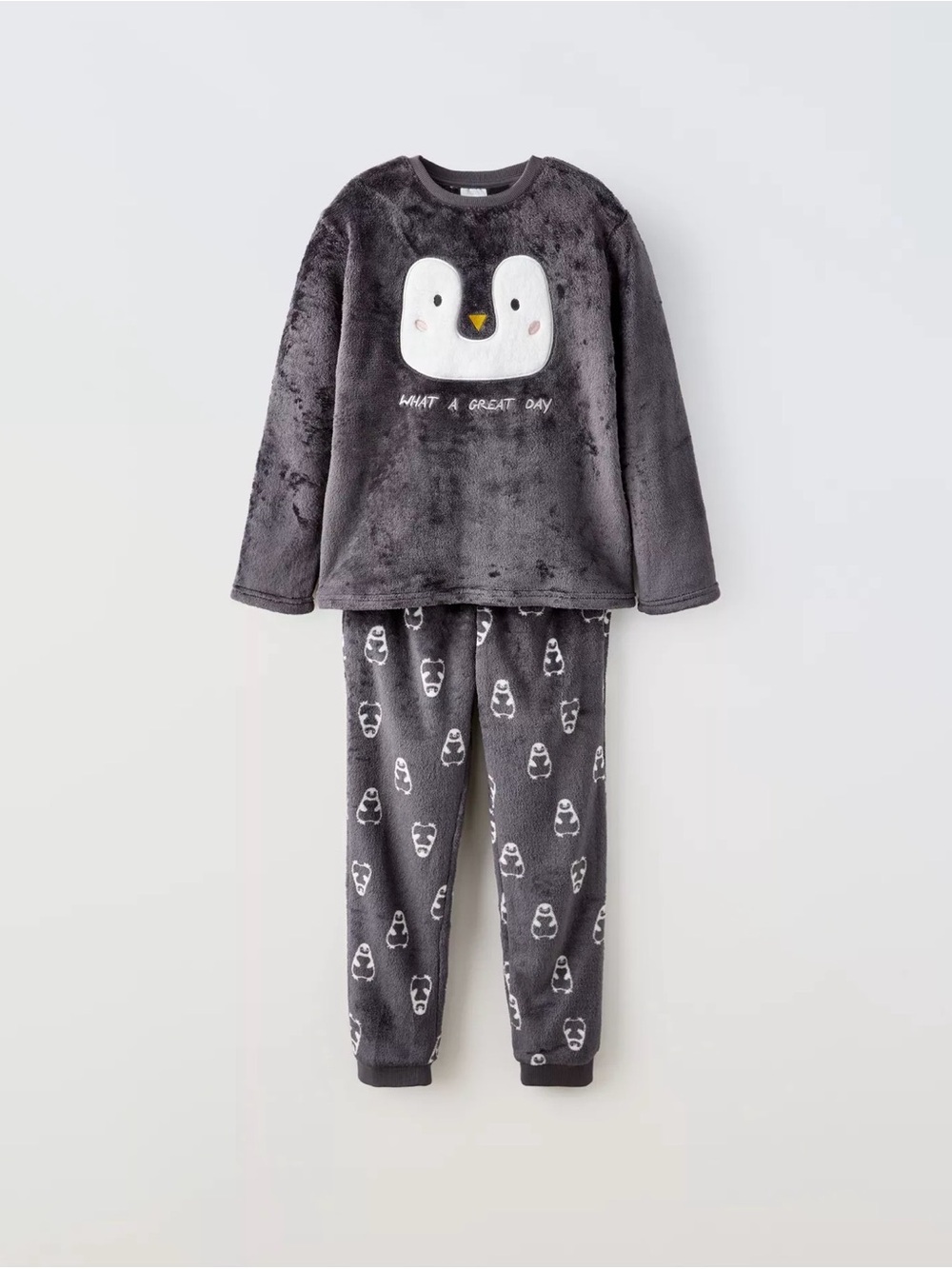 Zara Cozy Gray Penguin Plush Fleece Kids Pajama Set | Size 13-14 | Super Soft